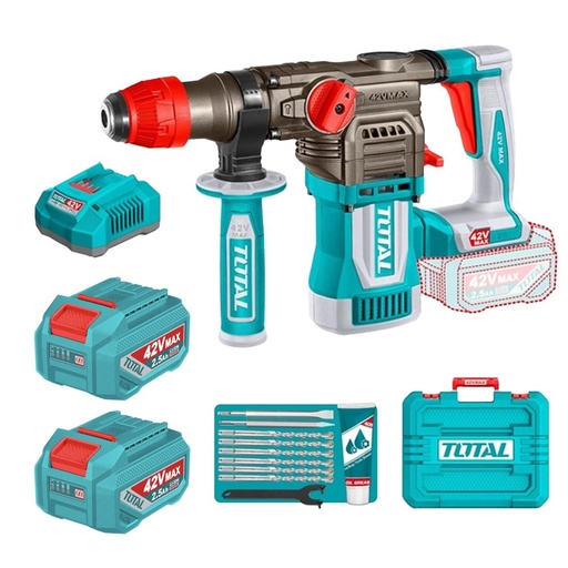 TALADRO INALAMBRICO ROTOMARTILLO 1-1/8" SDS PLUS 42V 4.5 JULES INCLYE  2 BATERIAS 2.5 AH, 1 CARGADOR  Y ACCESORIOS INDUSTRIAL SUPER TOTAL (UTRHLI422882)