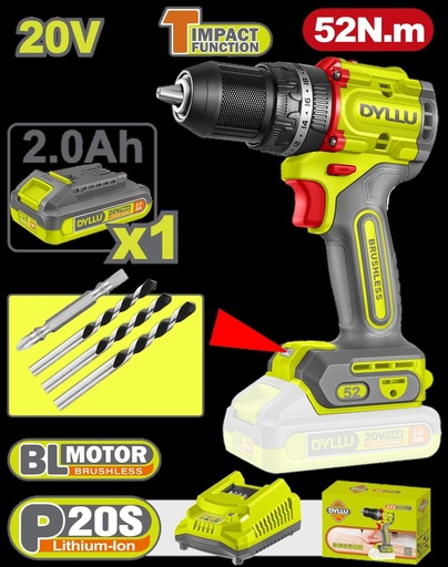 TALADRO INALAMBRICO PERCUTOR 1/2" 52 NM 20V CAJA CARTON INCLUYE 1 BATERIAS 20V (2.0AH), 1 CARGADOR Y ACCESORIOS DYLLU (UDTCDP5282)