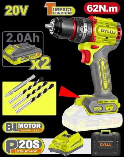 TALADRO INALAMBRICO PERCUTOR 1/2" 62 NM 20V CAJA PLASTICA INCLUYE 2 BATERIAS 20V (2.0AH), 1 CARGADOR Y ACCESORIOS DYLLU (UDTCDP6281)