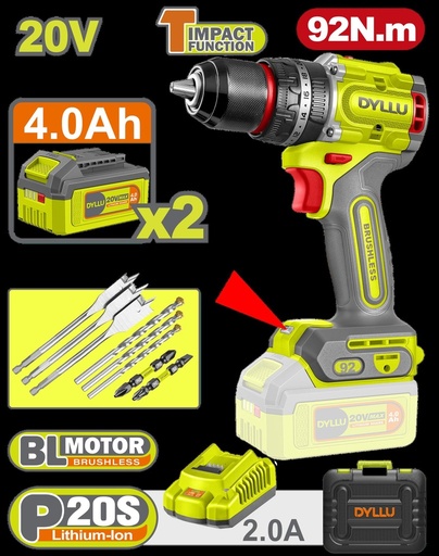 TALADRO INALAMBRICO PERCUTOR 1/2" 92 NM 20V CAJA PLASTICA INCLUYE 2 BATERIAS 20V (4.0AH), 1 CARGADOR Y ACCESORIOS DYLLU (UDTCDP9281)