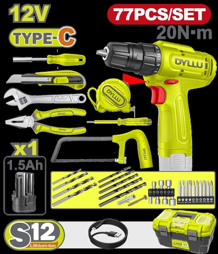 TALADRO INALAMBRICO 3/8 (10MM)  12V + KIT DE HERRAMIENTAS 77 PZS DYLLU (DTDT4B77)