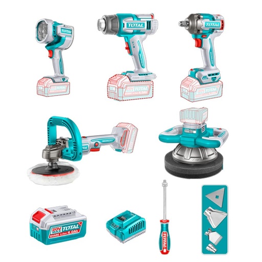 COMBO INALAMBRICO 20V  POLICHADORA  ORBITAL 10"+ POLICHADORA 7" + PISTOLA IMPACTO 1/2" 400NM  + LAMPARA DE TRABAJO LM2000 + PISTOLA CALOR CON TEMPERATURA AJUSTABLE PANTALLA LCD +  2 BATERIAS 4.0 AH + CARGADOR 20V Y ACCESORIOS INDUSTRIAL SUPER TOTAL (