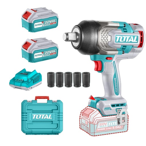 PISTOLA IMPACTO INALAMBRICA 3/4 20V 1050NM INCLUYE 2 BATERIAS 5.0AH + CARGADOR Y  5 COPAS 24,27,30,32,33 MM,  INDUSTRIAL SUPER TOTAL (UTIWLI20105)