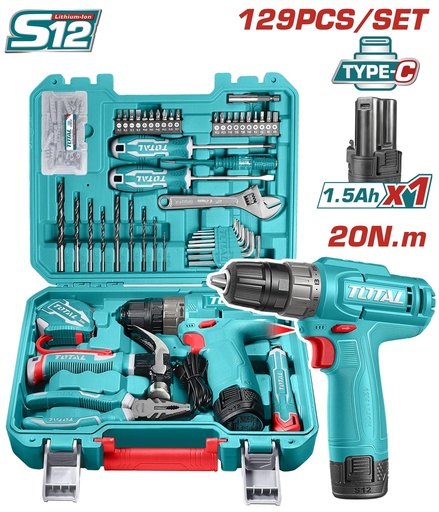 TALADRO INALAMBRICO 3/8 12V 20NM + BATERIA 1.5AH + KIT DE HERRAMIENTAS 128 PZS SUPER TOTAL (THKTHP11292)