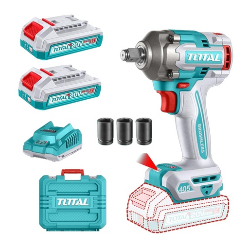 PISTOLA IMPACTO INALAMBRICA 1/2" 20V 405NM INCLUYE  3 COPAS 17,19,21, 2 BATERIAS 1 CARGADOR INDUSTRIAL SUPER TOTAL (UTIWLI2045)