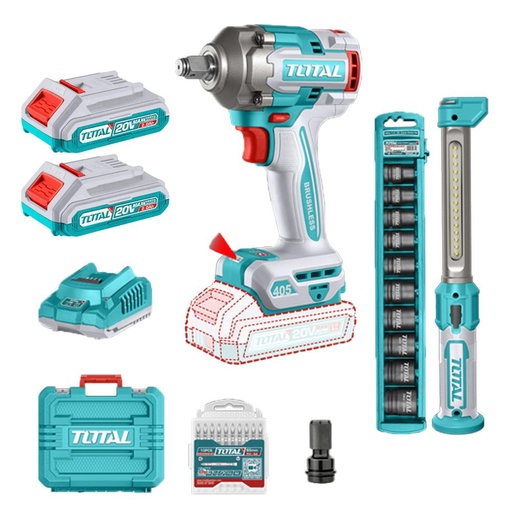 COMBO INALAMBRICO 20V PISTOLA IMPACTO INALAMBRICO 1/2 405NM + LAMPARA DE TRABAJO 300 LUMENES RECARGABLE + 10 COPAS 1/2 (10-24MM)+ ADAPTADOR DE 1/2 A 1/4 + 2 BATERIA 2.0 AH + ACCESORIOS Y SUPER TOTAL (UTOSLI23056)
