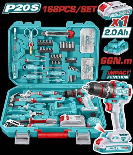 TALADRO PERCUTOR  INALAMBRICO 1/2" 20V 66NM + 1  BATERIA 2.0AH  + CARGADOR + 163 HERRAMIENTAS INDUSTRIAL SUPER TOTAL (UTHKTHP41667)