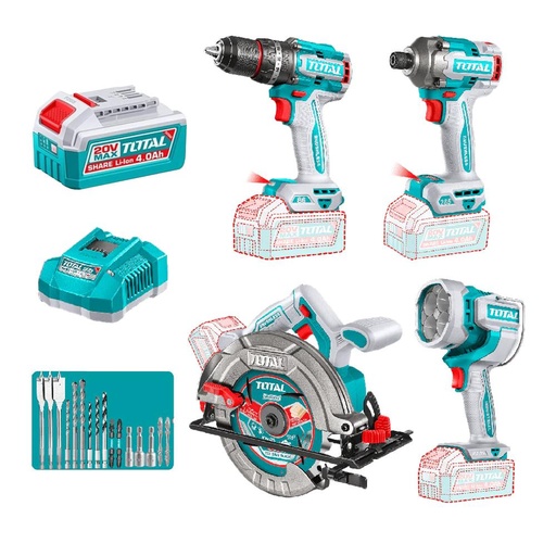 COMBO INALAMBRICO 20V TALADRO PERCUTOR 1/2" 86NM + ATORNILLADOR DE IMPACTO 1/4" 285NM + SIERRA CIRCULAR  7-1/4" + LAMPARA DE TRABAJO 2000 LUMENES + 2 BATERIAS 4.0AH + CARGADOR INCLUYE ACCESORIOS  (UTOSLI251082)
