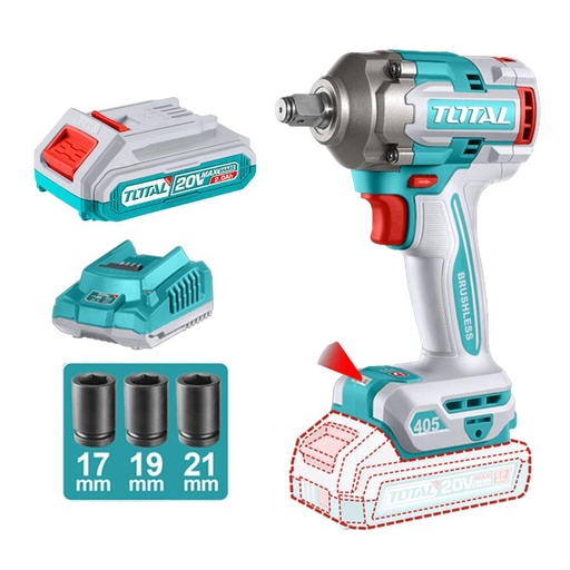PISTOLA IMPACTO INALAMBRICA 1/2" 20V 405NM CAJA PLASTICA INCLUYE 1 BATERIA 2.0AH , 1 CARGADOR Y ACCESORIOS INDUSTRIAL SUPER TOTAL(UTIWLI20455)
