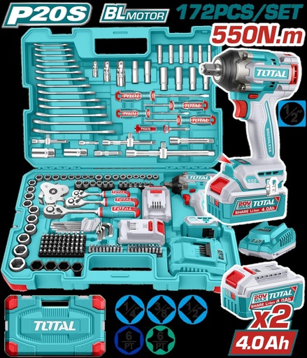 PISTOLA IMPACTO INALAMBRICA 1/2 20V 550 NM INCLUYE 2 BATERIAS 1 CARGADOR + 172 ACCESORIOS INSDUSTRIAL SUPER TOTAL (UTHKTHP41728)