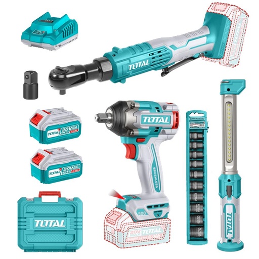 COMBO INALAMBRICO 20V  PISTOLA IMPACTO 1/2 500NM + RACHE 65NM + LAMPARA DE TRABAJO 300 LUMENES +  2 BATERIAS 4.0AH  Y CARGADOR INCLUYE ACCESORIOS INDUSTRIAL SUPER TOTAL (UTOSLI250981)