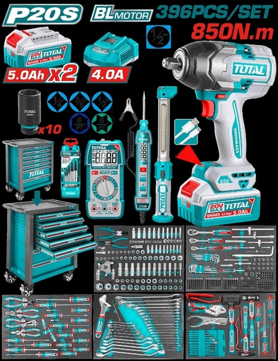 PISTOLA IMPACTO INALAMBRICA  1/2" 850 NM + 2 BATERIAS 5.0AH + CARGADOR + CAJA HERRAMIENTAS CON  396 ACCESORIOS  INDUSTRIAL SUPER TOTAL  (UTHPTCS83962)
