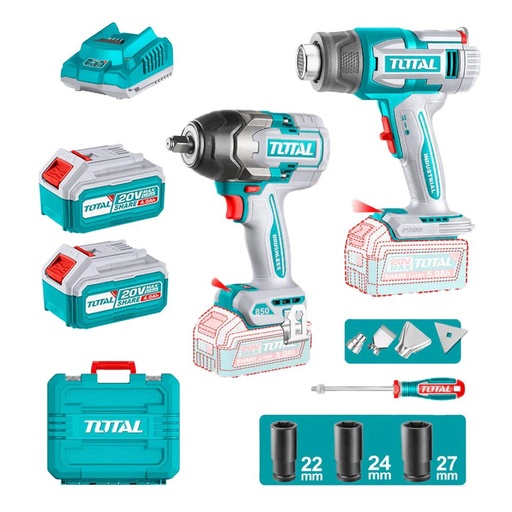COMBO INALAMBRICO 20V PISTOLA IMPACTO 1/2 850NM + COPAS (22-24-27) +  PISTOLA CALOR INALAMBRICA  20V CON TEMPERATURA AJUSTABLE PANTALLA LCD INCLUYE 4 BOQUILLAS 1 RASCADOR + 2 BATERIAS 5.0AH Y CARGADOR INDUSTRIAL SUPER TOTAL (UTOSLI250983)