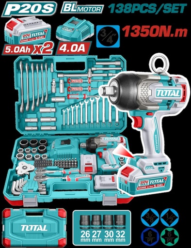 PISTOLA IMPACTO INALAMBRICA 3/4 20V 1350 NM INCLUYE 2 BATERIAS 1 CARGADOR + 132 ACCESORIOS INSDUSTRIAL SUPER TOTAL (UTHKTHP41383)