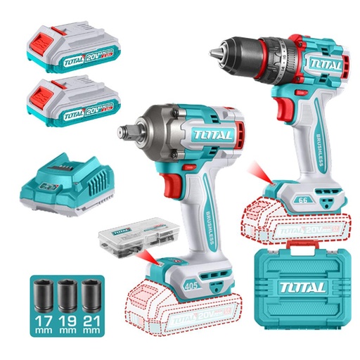 COMBO INALAMBRICO TALADRO 1/2" 66 NM + PISTOLA IMPACTO 1/2" 20V 405 N.M  INCLUYE 2 BATERIAS 2.0AH , 1 CARGADOR Y ACCESORIOS SUPER TOTAL (UTCKLI20286)