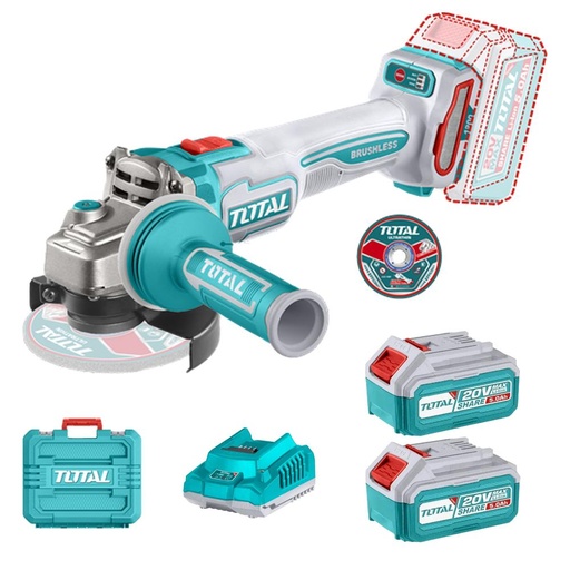PULIDORA INALAMBRICA 4 1/2 INDUSTRIAL 20V 1200W INCLUYE 10 DISCOS PARA CORTE DE METAL 2  BATERIAS 5.0 AH Y CARGADOR , MOTOR SIN ESCOBILLAS  INDUSTRIAL SUPER TOTAL (UTAGLI2120252)