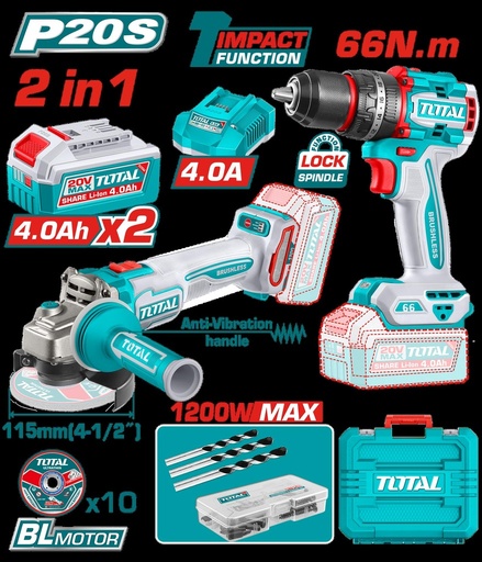 COMBO INALAMBRICO 20V PULIDORA  4 1/2 INDUSTRIAL 1000W + TALADRO PERCUTOR   1/2 66NM  + 2 BATERIAS 4.0AH + CARGADOR + ACCESORIOS CAJA PLASTICA INDUSTRIAL SUPER TOTAL (UTCKLI20256)