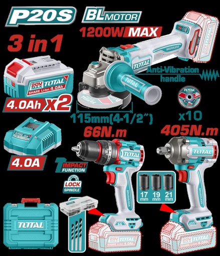 COMBO INALAMBRICO 20V PISTOLA IMPACTO INALAMBRICA 1/2" 405NM +  TALADRO DE IMPACTO 1/2" 66NM + PULIDORA  4 1/2" 1200W  + 2 BATERIAS 4.0AH + CARGADOR INCLUYE ACCESORIOS INDUSTRIAL SUPER TOTAL (UTCKLI20358)
