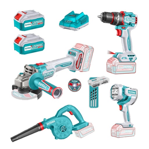 COMBO INALAMBRICO 20V TALADRO PERCUTOR ATORNILLADOR 1/2  66NM + SOPLADORA + PULIDORA  4 1/2 INDUSTRIAL 20V 1000W + LAMPARA DE TRABAJO 2000 LUMENES + 2 BATERIAS 4.0AH + CARGADOR INCLUYE ACCESORIOS INDUSTRIAL SUPER TOTAL (UTOSLI250993)