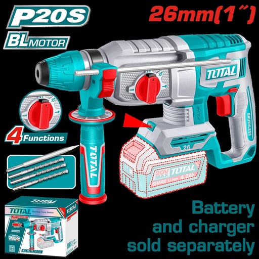 TALADRO INALAMBRICO ROTOMARTILLO 1" 20V SDS PLUS 2.5 JULES  INCLUYE 3 BROCAS , 1 CINCEL CARGADOR  Y BATERIA SE VENDEN POR SEPARADO INDUSTRIAL TOTAL (TRHLI26208)