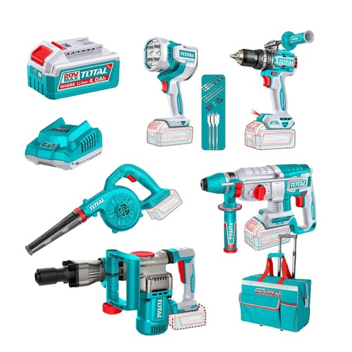COMBO INALAMBRICO 20V TALADRO ROTOMARTILLO 1" 20V SDS PLUS 2,5 JULES +  DEMOLEDOR SDS HEX 35MM  16JULES + SOPLADORA +  TALADRO DE IMPACTO 1/2" 96NM + LAMPARA DE TRABAJO 2000 LUMENES + 2 BATERIAS 4.0AH + CARGADOR INCLUYE ACCESORIOS (UTOSLI251083)