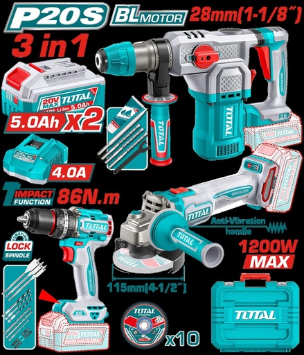 COMBO INALAMBRICO 20V TALADRO PERCUTOR  1/2" 86NM + PULIDORA 4-1/2" 1200W + TALADRO ROTOMARTILLO SDS PLUS 1-1/8"  4.5 JULES + 2 BATERIAS 5.0AH + CARGADOR 4.0AH INCLUYE ACCESORIOS INDUSTRIAL SUPER TOTAL (UTOSLI251195)