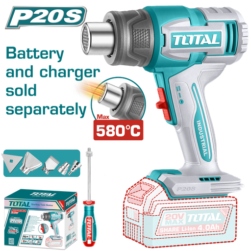 PISTOLA CALOR INALAMBRICA  20V CON TEMPERATURA AJUSTABLE 30-580°C  INCLUYE 4 BOQUILLAS 1 RASCADOR  BATERIA Y CARGADOR NO INCLUIDO  INDUSTRIAL SUPER TOTAL (TBLI2008)