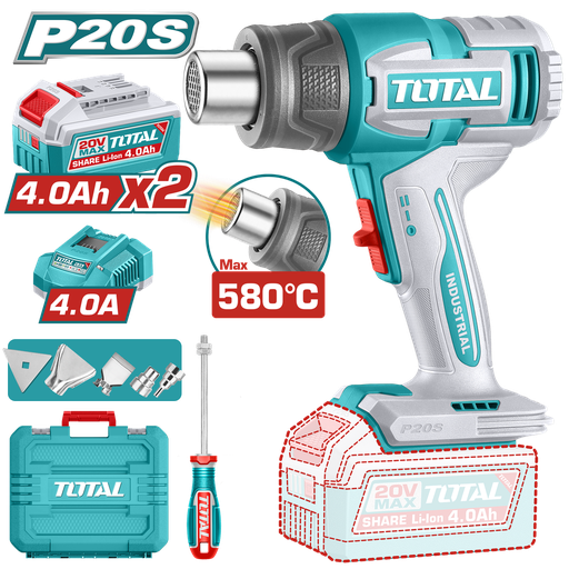 PISTOLA CALOR INALAMBRICA  20V CON TEMPERATURA AJUSTABLE 30-580°C  INCLUYE 4 BOQUILLAS 1 RASCADOR + 2  BATERIA  4.0AH  Y CARGADOR  INDUSTRIAL SUPER TOTAL (UTBLI20085)