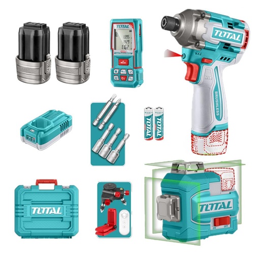 COMBO INALAMBRICO 16V  ATORNILLADOR DE IMPACTO 1/4 170NM + METRO LASER 100M + NIVEL LASER 35M LUZ VERDE +  BATERIAS 2.0AH Y CARGADOR INCLUYE ACCESORIOS INDUSTRIAL SUPER TOTAL (UTOSLI250886)