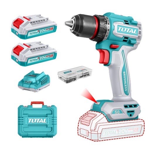 TALADRO INALAMBRICO 1/2" 50 NM 20V CAJA PLASTICA INCLUYE 2  BATERIA 2.0AH, 1 CARGADOR Y ACCESORIOS INDUSTRIAL SUPER TOTAL (UTDLI205062)