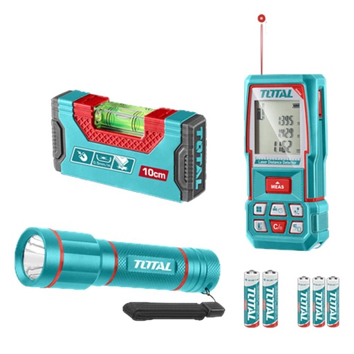 MEDIDOR DE DISTANCIAS LASER 100MTS + NIVEL 10CM IMANTADO + LINTERNA 450 LUMENES SUPER TOTAL INDUSTRIAL (TOS251003)