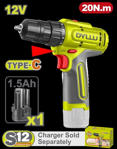 TALADRO INALAMBRICO 3/8" 12V 20NM INCLUYE 1 BATERIA 1.5 AH DYLLU (DTCDS565)