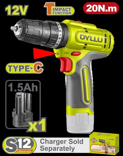 TALADRO INALAMBRICO PERCUTOR 3/8" 12V 20NM INCLUYE 1 BATERIA 1.5 AH DYLLU (DTCDS5681)