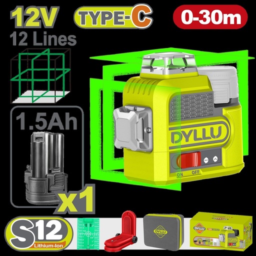 NIVEL LASER 0-30M 12V  LUZ VERDE  3D 12 LINEAS RECARGABLE TIPO  USB-C  DYLLU (DTLE8M12)