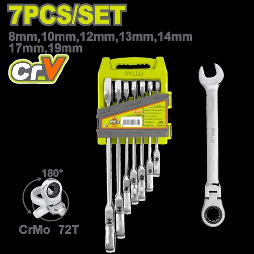 LLAVE MIXTA 8 - 19 MM CON RACHE FLEXIBLE JUEGO X 7 PZS DYLLU (DTSP5207)