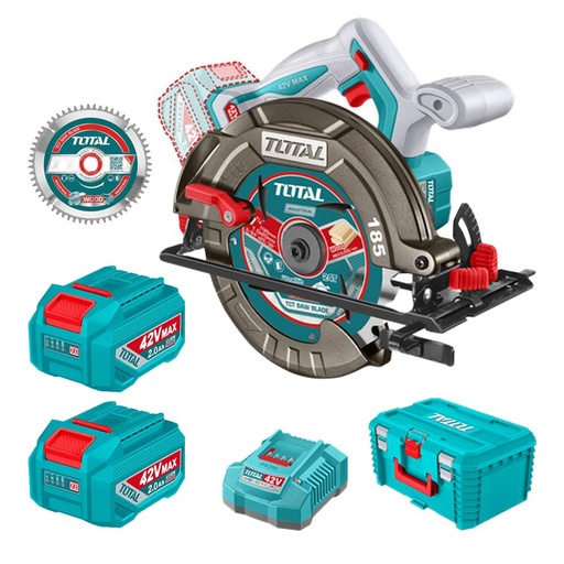 SIERRA CIRCULAR INALAMBRICA 42V 7-1/4" INCLUYE 2 BATERIA 2.5AH, CARGADOR + DISCO DE CORTE 24T  CAJA PLASTICA INDUSTRIAL SUPER TOTAL (UTSLI4218512)