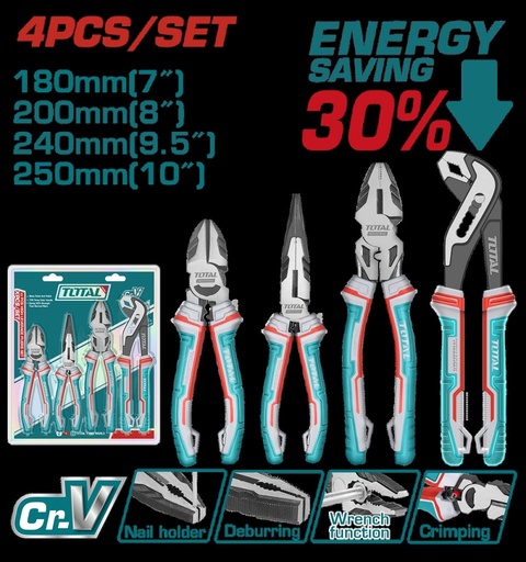 JUEGO DE ALICATE  X 4 PIEZAS CROMO VANADIUM INDUSTRIAL SUPER TOTAL (THT2K0498)