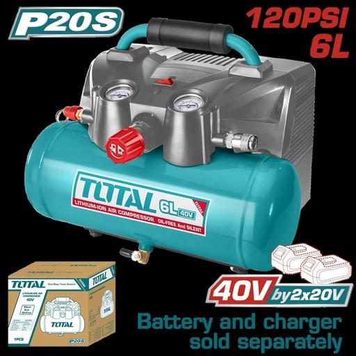 COMPRESOR AIRE INALAMBRICO 40V (2X20V) 120 PSI 6L 98L/MIN  INCLUYE 5 BOQUILAS Y UN ADAPTADOR BATERIA Y CARGADOR SE VENDEN POR SEPARADOR SUPER TOTAL (TACLI2003)