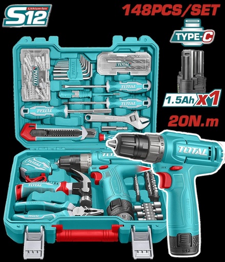 TALADRO INALAMBRICO 3/8 12V 20NM + BATERIA 1.5AH + KIT DE HERRAMIENTAS 148 PZS SUPER TOTAL (THKTHP41487)