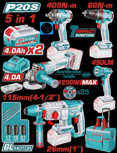 COMBO INALAMBRICO 20V TALADRO ROTOMARTILLO 1"  SDS PLUS 2,5 JULES + PISTOLA IMPACTO INALAMBRICA 1/2" 405NM +  TALADRO DE IMPACTO 1/2" 66NM + PULIDORA  4 1/2" 1200W  + LINTERNA INALAMBRICA 450 LUMENES  + 2 BATERIAS 4.0AH + CARGADOR INCLUYE ACCESORIOS