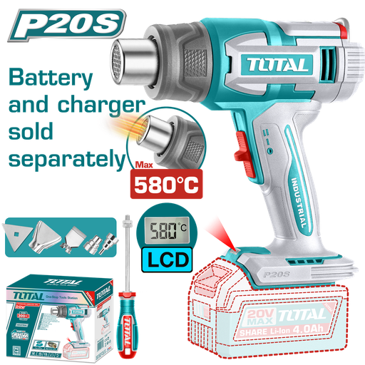 PISTOLA CALOR INALAMBRICA  20V CON TEMPERATURA AJUSTABLE 30-580°C  PANTALLA LCD INCLUYE 4 BOQUILLAS 1 RASCADOR  BATERIA Y CARGADOR NO INCLUIDO  INDUSTRIAL SUPER TOTAL (TBLI2058)