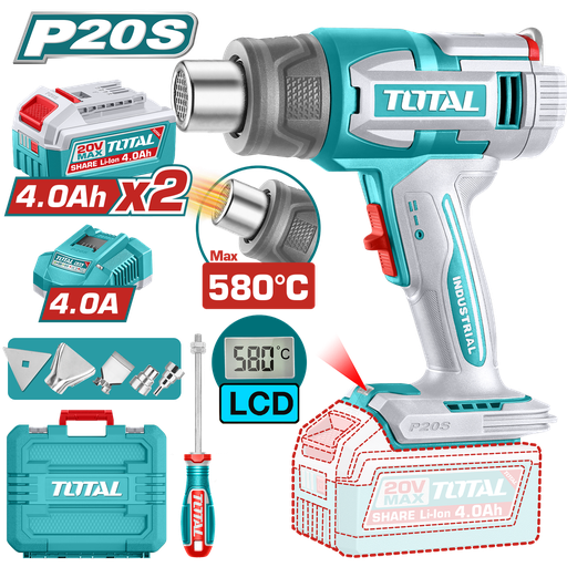 PISTOLA CALOR INALAMBRICA  20V CON TEMPERATURA AJUSTABLE 30-580°C  PANTALLA LCD INCLUYE 4 BOQUILLAS 1 RASCADOR + 2  BATERIA  4.0AH  Y CARGADOR  INDUSTRIAL SUPER TOTAL (UTBLI20582)