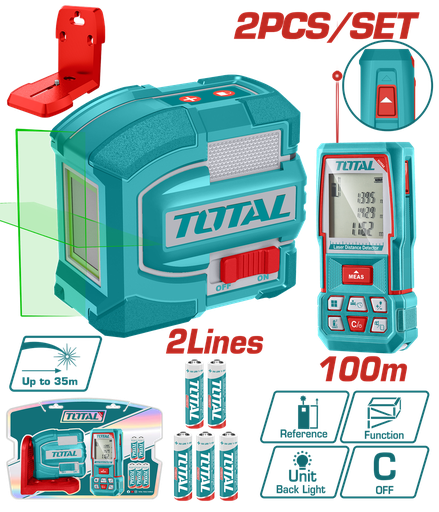 KIT NIVEL LASER 0-35M  LUZ VERDE  2  LINEAS + MEDIDOR DE DISTANCIA 100M INDUSTRIAL SUPER TOTAL (TOSLL0502)