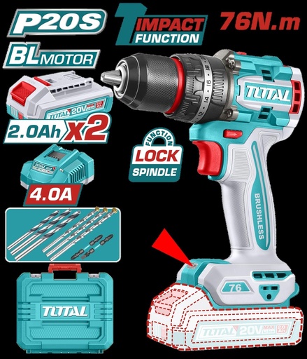 TALADRO INALAMBRICO  PERCUTOR 1/2 20V 76 NM INCLUYE 2 BATERIA DE 2.0AH, CARGADOR  Y ACCESORIOSINDUSTRIAL SUPER TOTAL (UTIDLI207686)