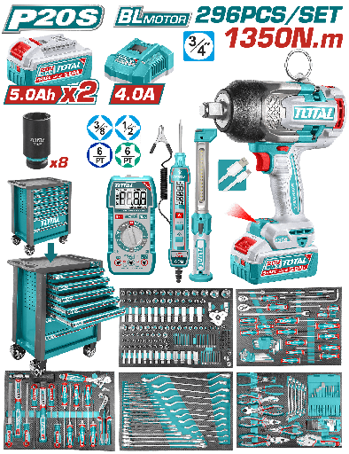 PISTOLA IMPACTO INALAMBRICA 3/4" 1350 NM + 2 BATERIAS 5.0AH + CARGADOR + CAJA HERRAMIENTAS CON 392 ACCESORIOS INDUSTRIAL TOTAL (UTHPTCS82962)