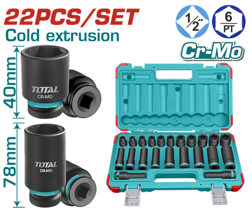COPAS DE IMPACTO 1/2 INDUSTRIAL LARGO 40 MM JUEGO X 22PZS 10 - 24 MM TOTAL (THKISD12221L)