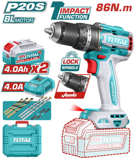 TALADRO INALAMBRICO PERCUTOR 1/2" 86NM 20V CAJA PLASTICA INCLUYE 2  BATERIA 4.0AH, 1 CARGADOR Y ACCESORIOS INDUSTRIAL SUPER TOTAL (UTIDLI208689)