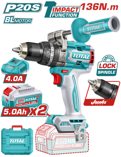 TALADRO INALAMBRICO PERCUTOR 1/2" 136NM 20V CAJA PLASTICA INCLUYE 2 BATERIAS 20V 5.0AH, 1 CARGADOR INDUSTRIAL SUPER TOTAL (UTIDLI201368)