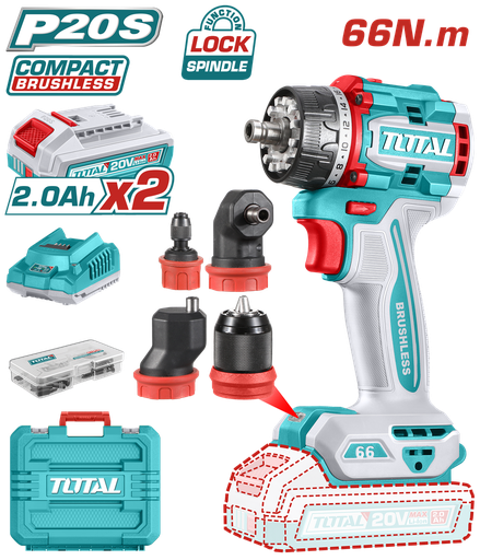 TALADRO ATORNILLADOR MULTICABEZAL 20V 66NM INCLUYE 2 BATERIAS 2.0AH, CARGADOR Y ACCESORIOS INDUSTRIAL SUPER TOTAL (UTDLI206686)