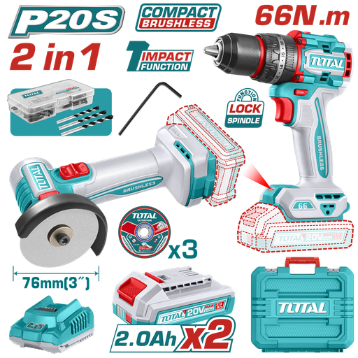 COMBO INALAMBRICO 20V X 2 PZS TALADRO PERCUTOR 1/2"  66 N.M + MINI PULIDORA 3" INCLUYE 2 BATERIAS  2.0 AH + CARGADOR  + 3 DISCOS Y 47 ACCESORIOS INDUSTRIAL SUPER TOTAL (UTCKLI20255)